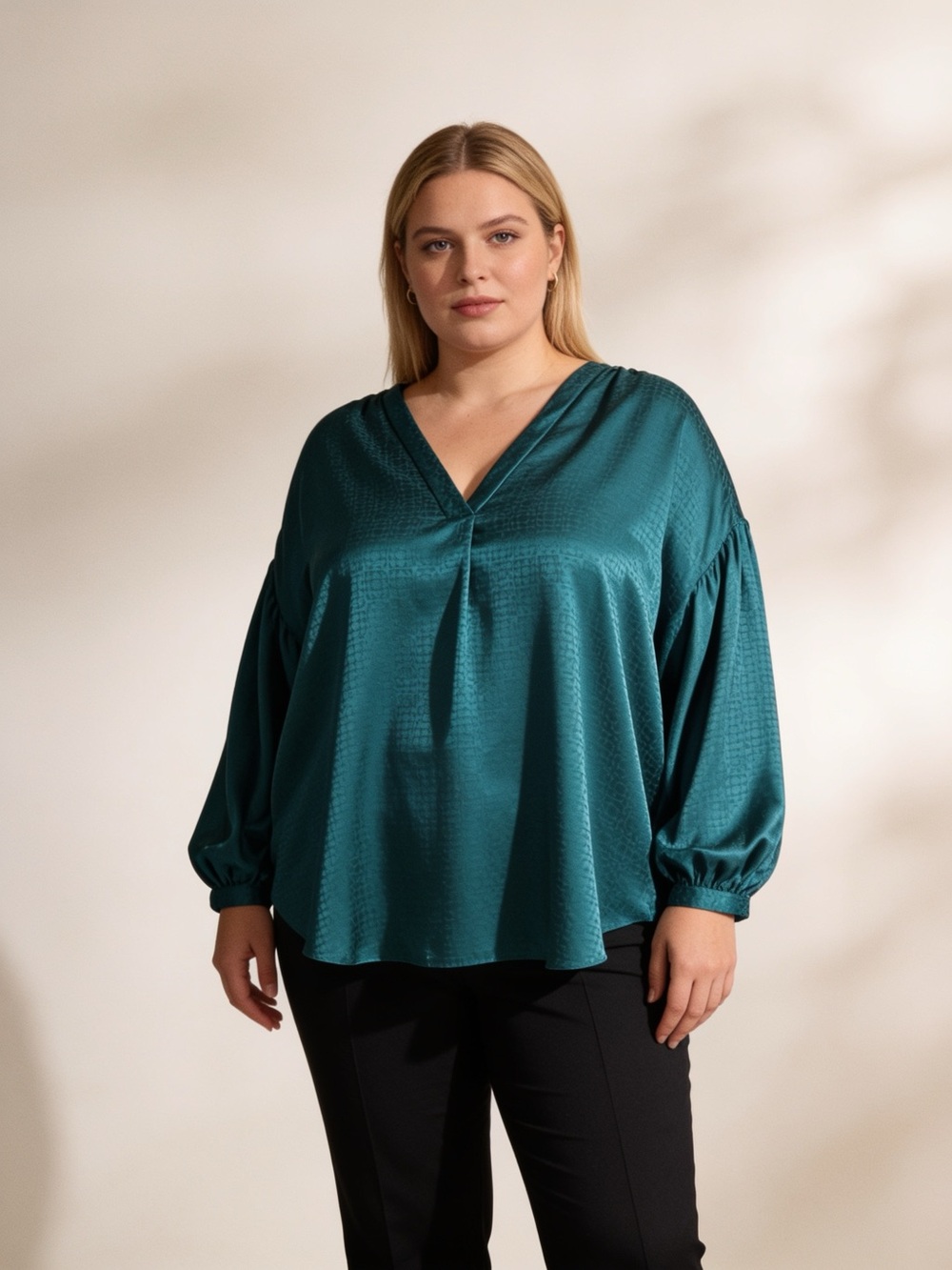 Vince Camuto 2X Emerald Green Jacquard High Low Blouse Balloon Sleeve